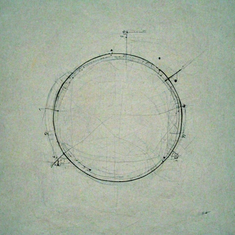 An ink drawing of a circle with lighter lines, dots and angles. It evokes a blueprint or technical drawing without any specific text or description.