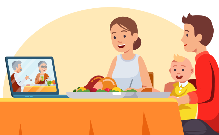illustration of a young family enjoying a virtual meal with an older couple