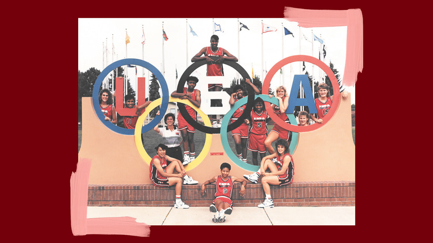 Team USA basketball poses at Centennial Olympic Park in Atlanta