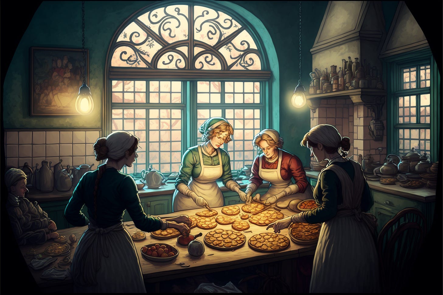 a group of women in a beautiful and cozy kitchen, making pierogi together