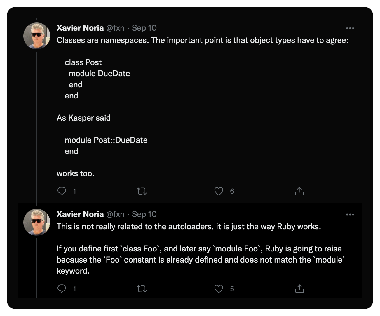 Classes are namespaces. The important point is that object types have to agree:      class Post       module DueDate       end     end  As Kasper said      module Post::DueDate     end  works too.