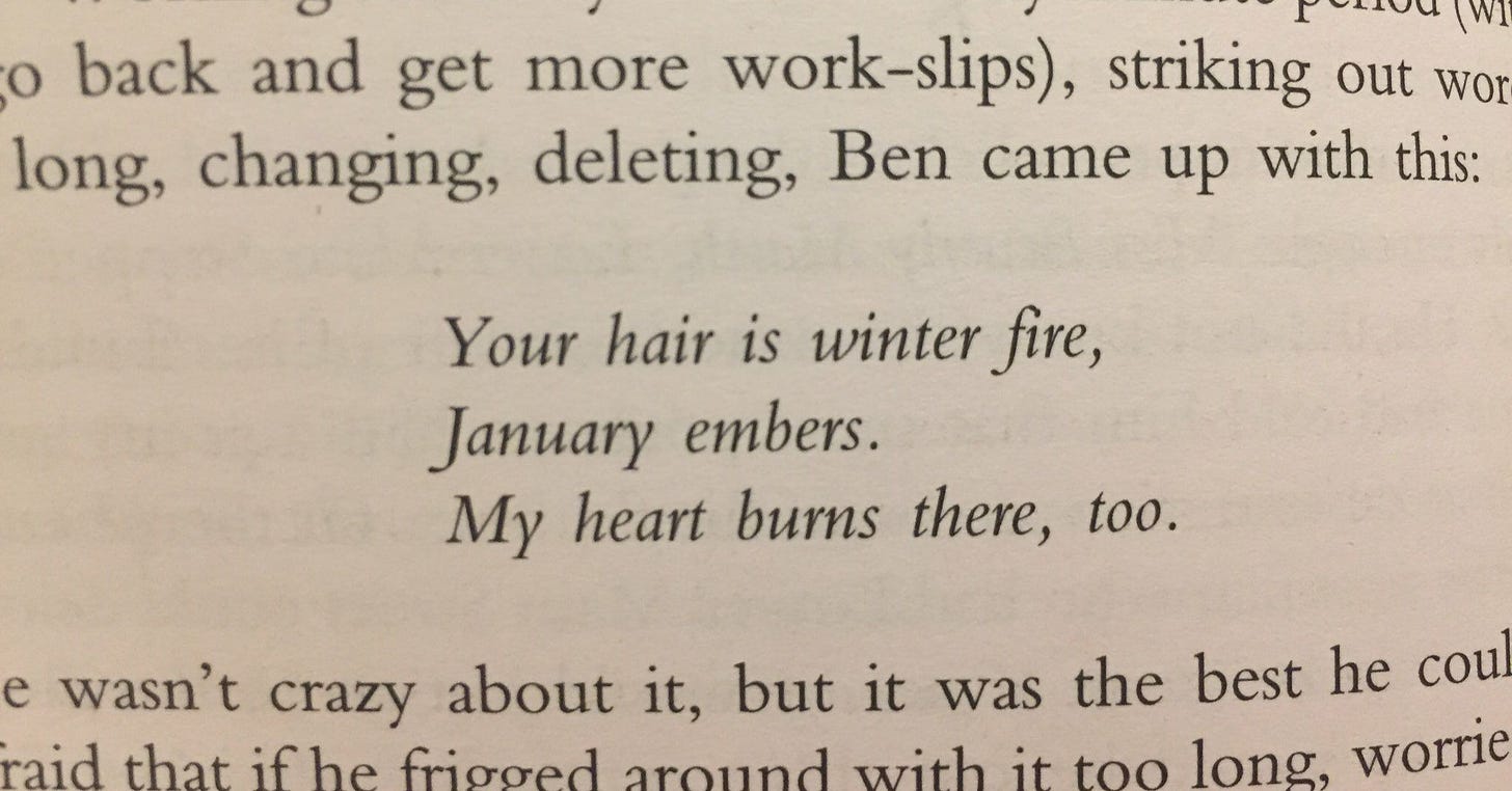 your hair is winter fire, january embers. my heart burns there, too.' - ben  hanscom, IT | Winter fire, Heartburn, Words