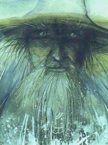 A painting of the character of Gandalf showing him close-up looking directly at the reader