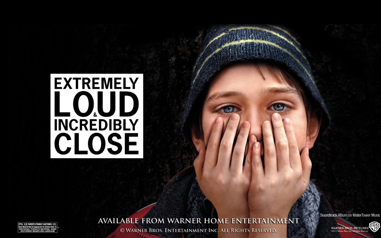 A promotional graphic for the movie version of Extremely Loud & Incredibly Close, which features a photo of the young protagonist looking past the viewer, covering his mouth.