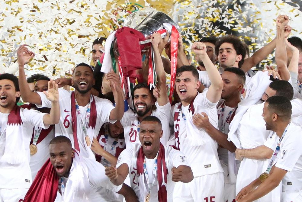 The Qatari football team celebrates its 2019 Asian Cup championship