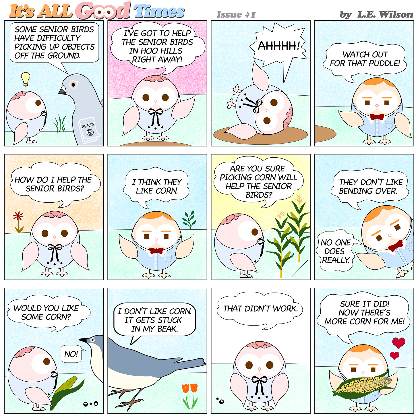 Three rows of Issue #1 of the four panel comic strip ‘It’s ALL (owl) Good Times’ are shown together. 