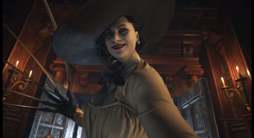A screenshot of Lady Dimitrescu, about to slice you open.