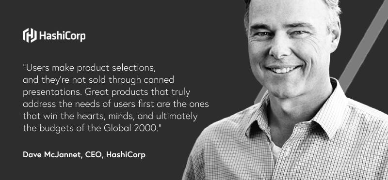 Photo of man with quote text and a logo of a company called HashiCorp