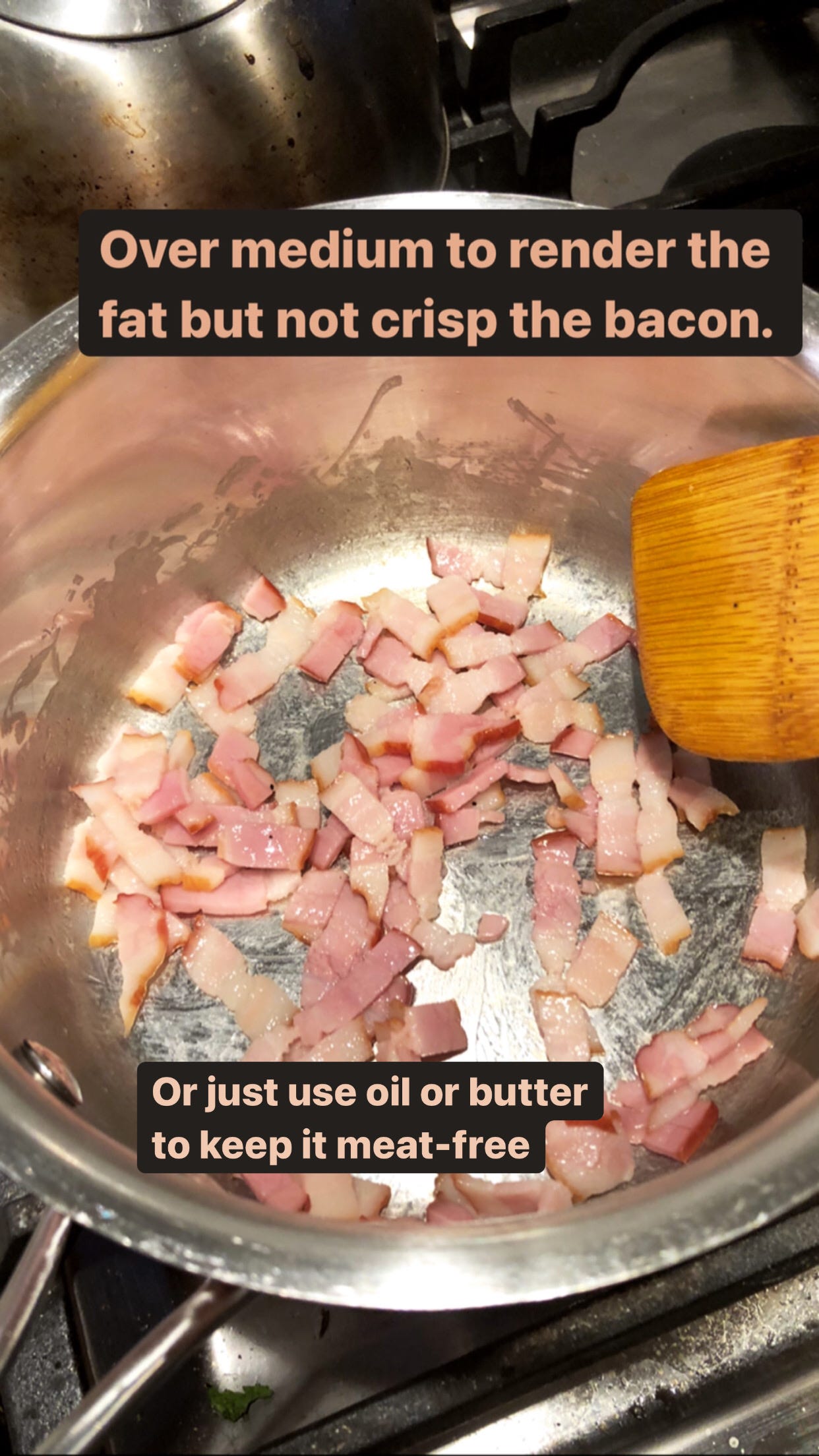 Cut up bacon sauteeing in a medium saucepan