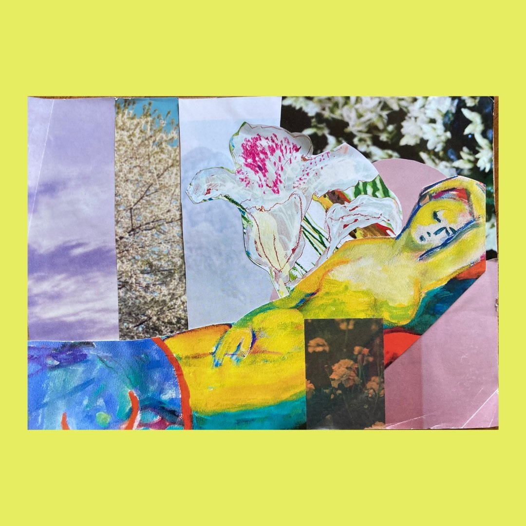 A postcard collage of a yellow woman reclining against a background of pale flora and fauna.
