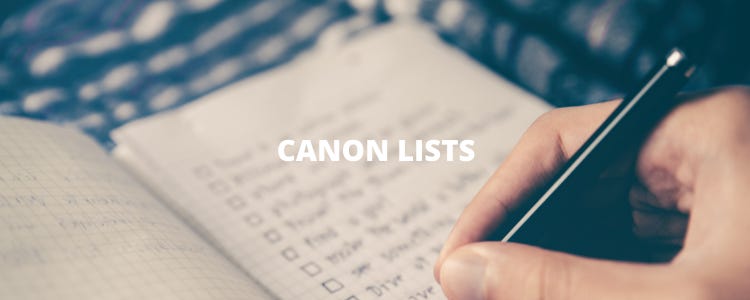 heading: canon lists. A person using a pen and writing a list with checkboxes. 