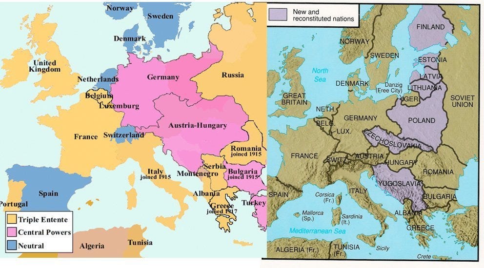 Til venstre: Europa før 1. verdenskrig. Til høyre: Europa etter Versailles-freden