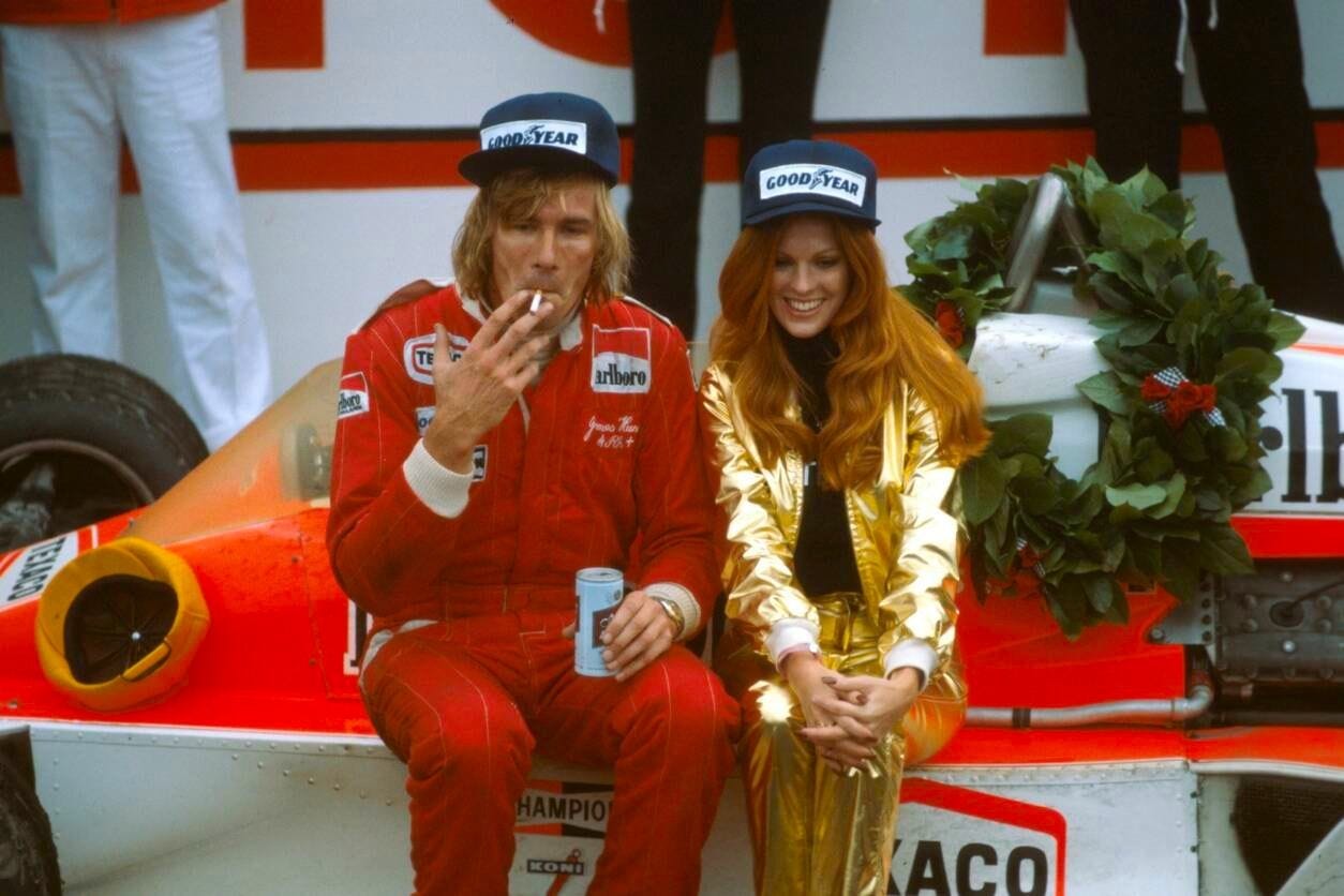The original playboy of the paddock, James Hunt celebrating his win in US  GP in 1977 : r/formula1