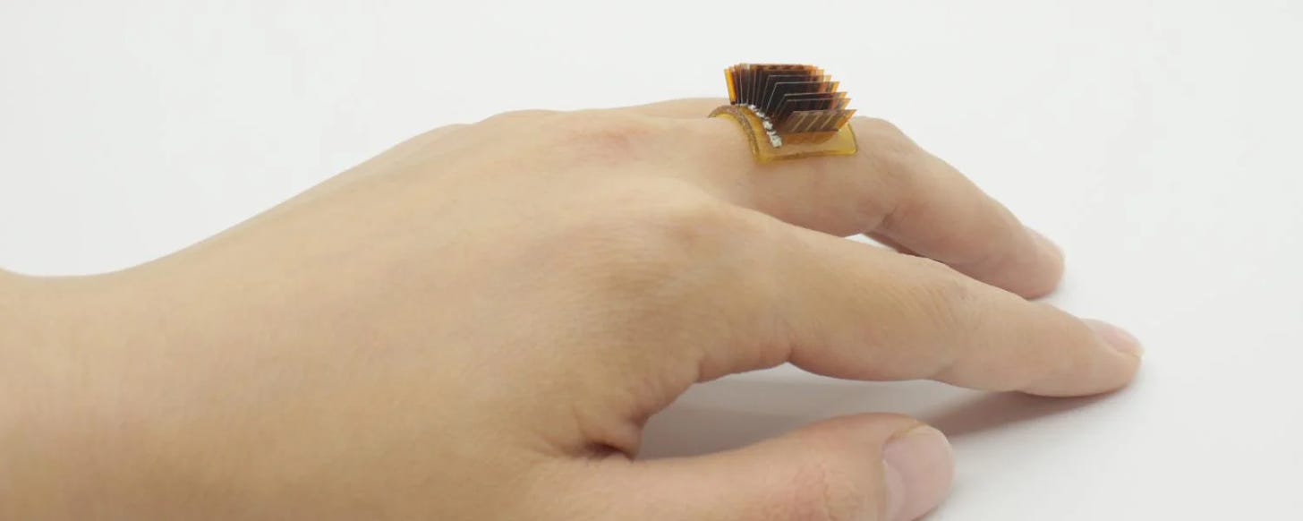 A thermoelectric wearable device worn as a ring. (Credit: Xiao Lab)