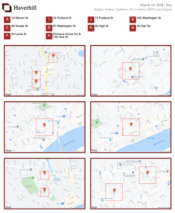 Sample page of PredPol predictions showing addresses on top and 6 boxed maps with predicted crime addresses marked by pins.