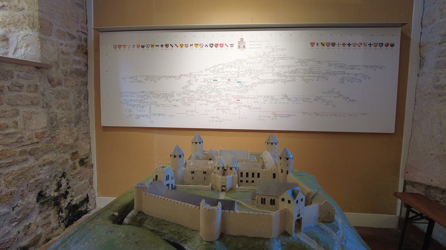 A model of Farleigh Hungerford Castle as it would have appeared in 1600. On the wall is the family tree leading to descendants down to this very day.