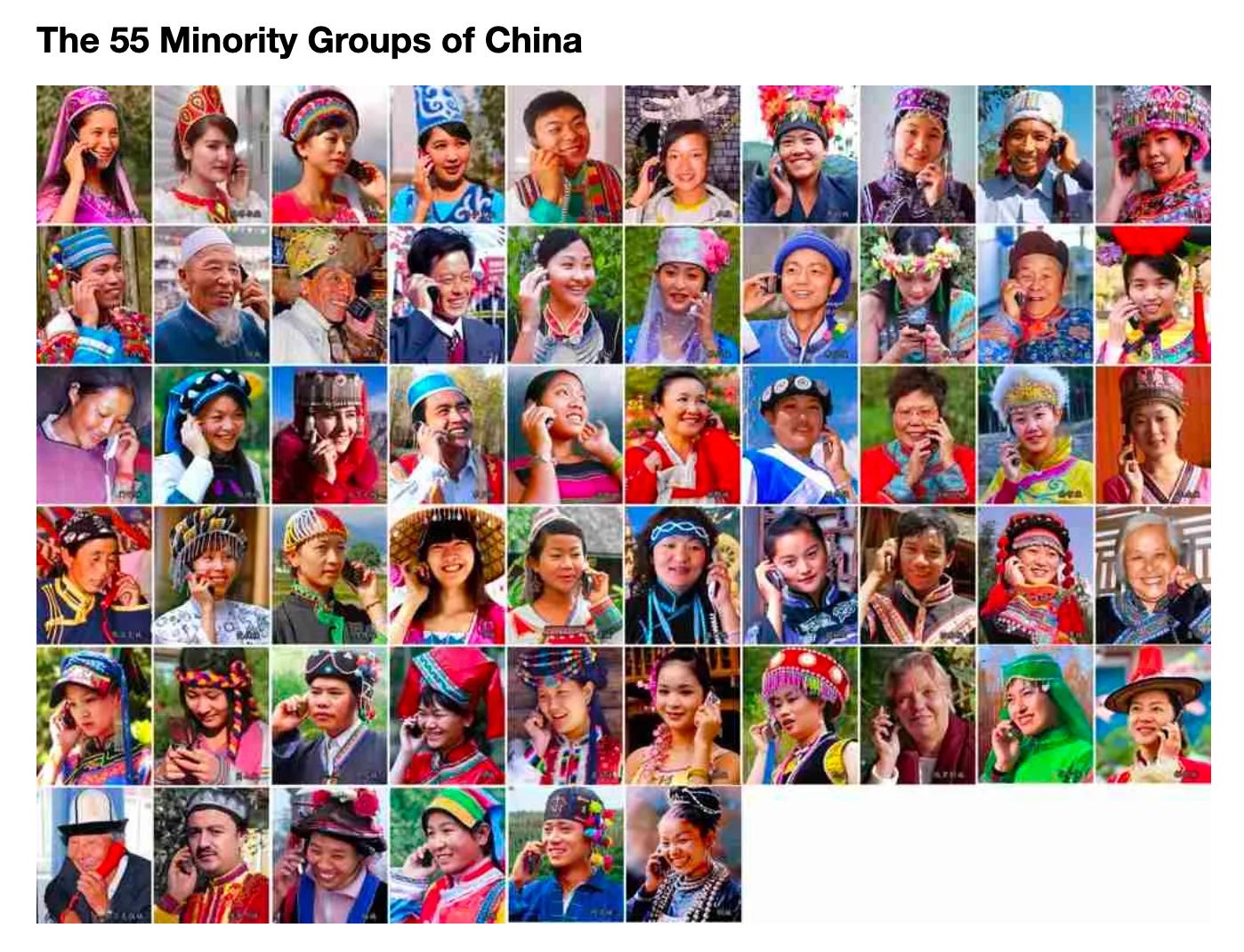 Title at the top reads in black font on white background: The 55 minority groups in China. Beneath that are colorful pictures of people in different tradition dress all holding a phone up to their ear. Each dress is distinct in color and design and way of wearing. There are many different hats, beads, embroidery. There are also diverse racial features with some lighter skinned and some darker skinned.