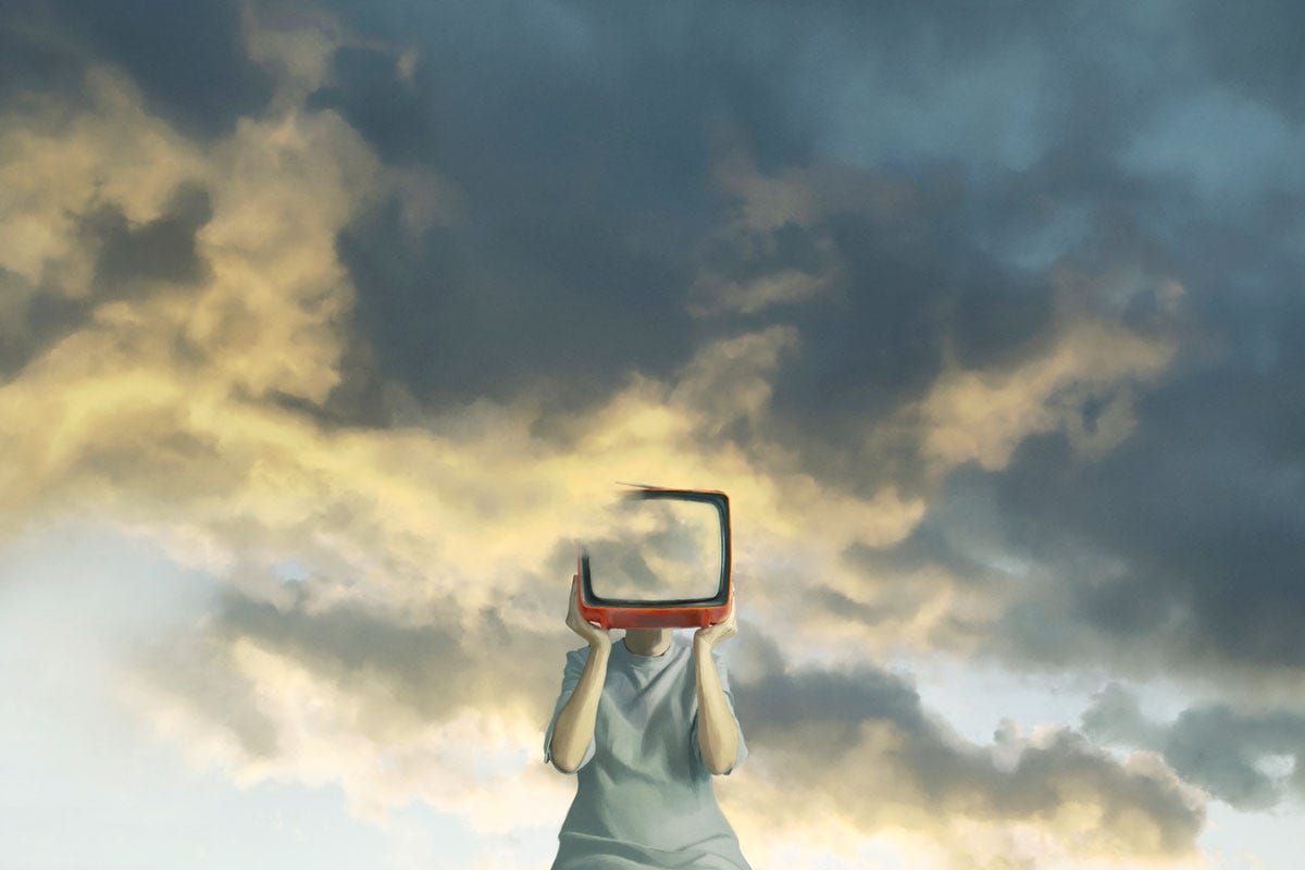 Person with Television Head with Clouds