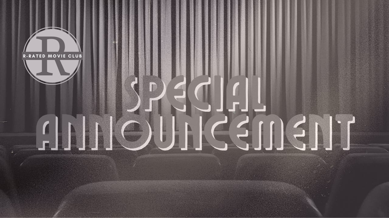 The words Special Announcement in front of theater seats facing a drawn curtain