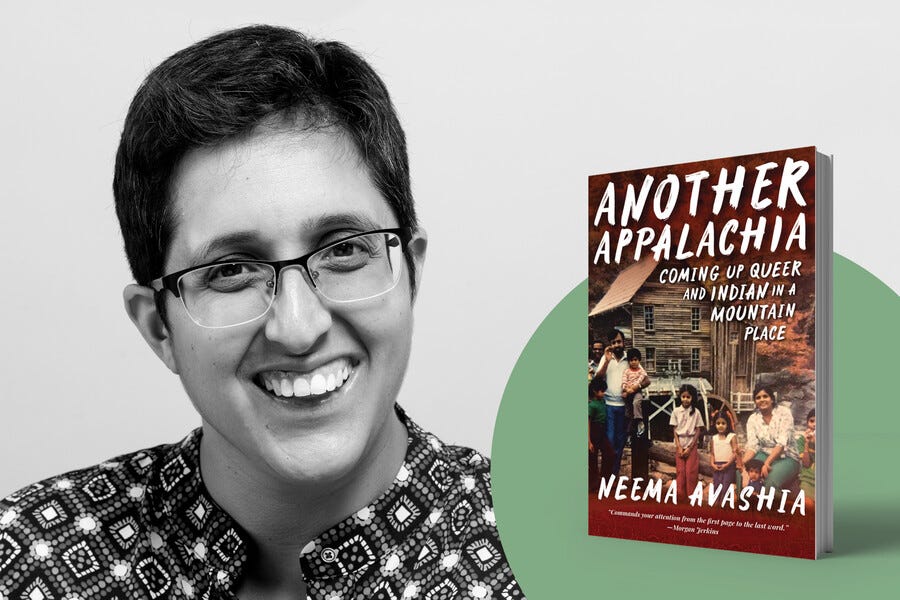 A Brown woman with glasses and short haircut is pictured smiling next to a small image of the book cover for her memoir, 