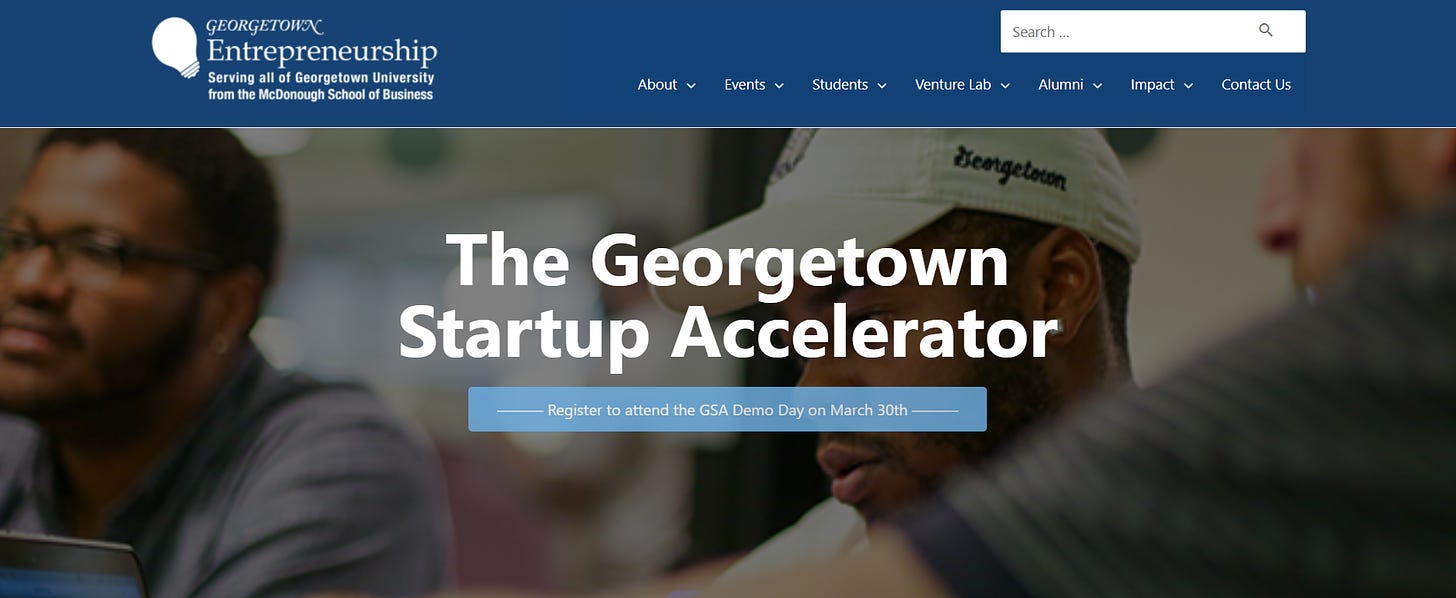 Georgetown Startup Accelerator landing page