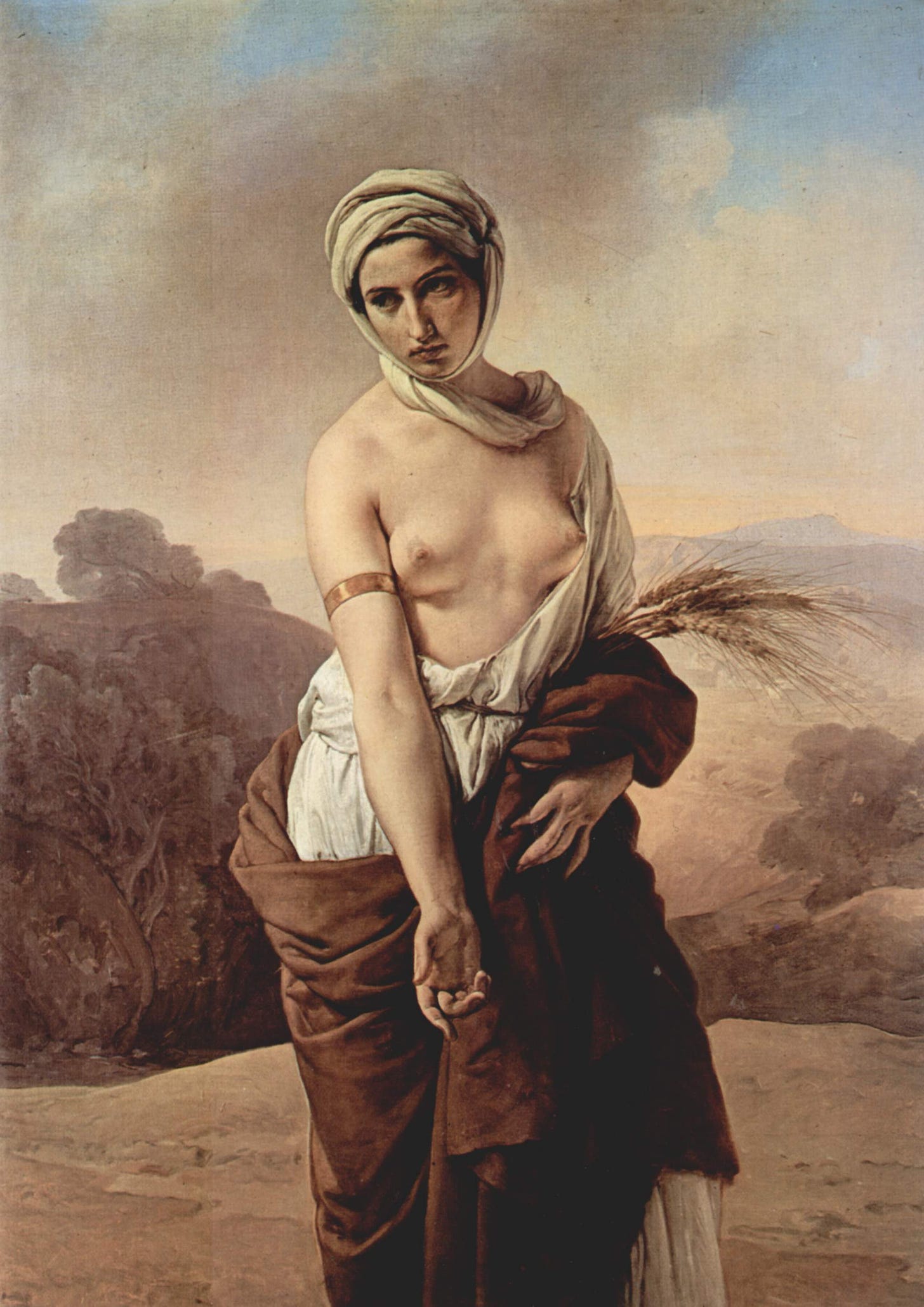 A painting of a young, white woman in a white veil stands here with her white dress pulled down to her waist, exposing her breasts, She is holding a brown blanket around her. It is a seductive take on Ruth from the Bible