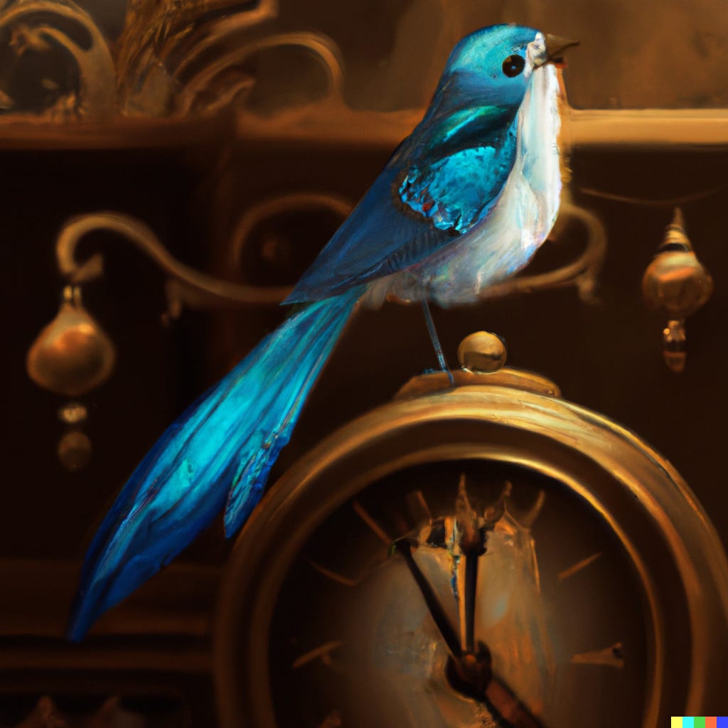 “A blue bird standing on top of a grandfather clock, digital art” / DALL-E