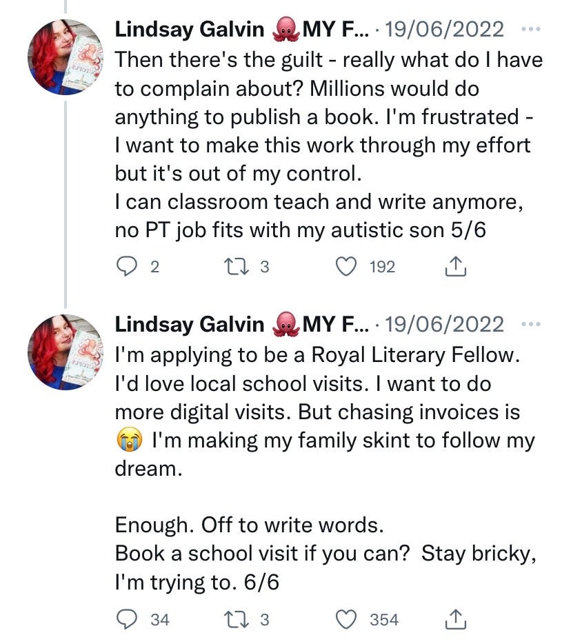 Then there's the guilt - really what do I have to complain about? Millions would do anything to publish a book. I'm frustrated - I want to make this work through my effort but it's out of my control. I can classroom teach and write anymore, no PT job fits with my autistic son 5/6  I'm applying to be a Royal Literary Fellow. I'd love local school visits. I want to do more digital visits. But chasing invoices is I'm making my family skint to follow my dream.  Book a school visit if you can? Stay bricky, I'm trying to. 6/6