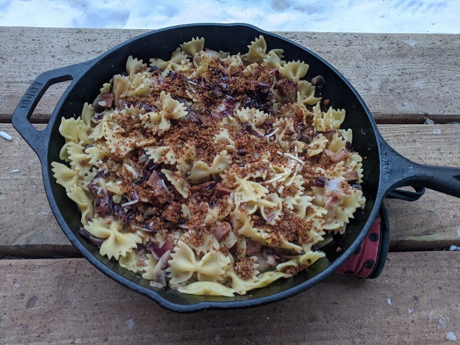 farfalle bowtie pasta w/ breadcrumbs, seitan bacon + radicchio