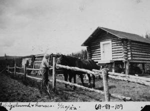 Photo caption: "Sizeland + horses, 6/20/'22." Bottom left corner of this photo is torn off along with some writing. This photo shows a man on the left side of a fence with his right arm extended, hand upright, feeding two horses fenced in on the other side. Behind the horses are a cache with a painted door, and a flat-roofed log building. [UAF-1969-89-109] 