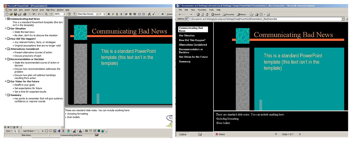 PowerPoint showing slides being edited and then the same slides in a browser.