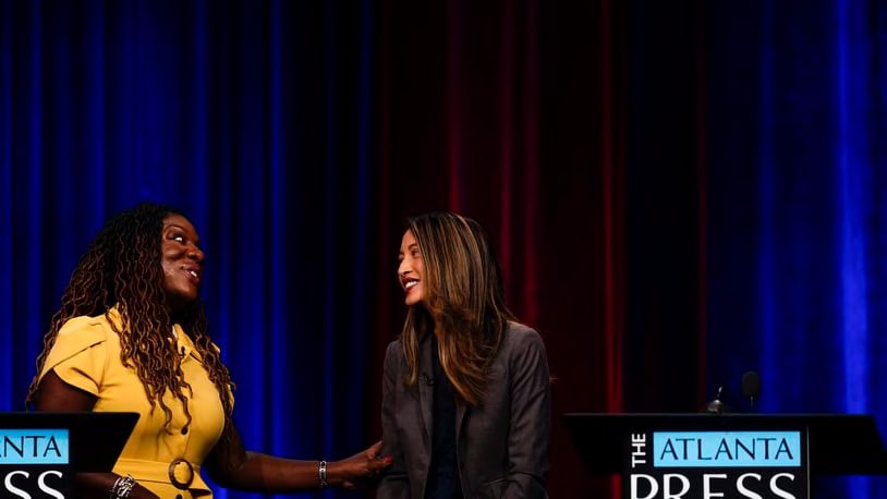 Former state Rep. Dee Dawkins-Haigler, left, and Georgia State Rep. Bee Nguyen participate in a debate ahead of the Democratic primary runoff on June 21 for secretary of state. (AP Photo/Brynn Anderson)