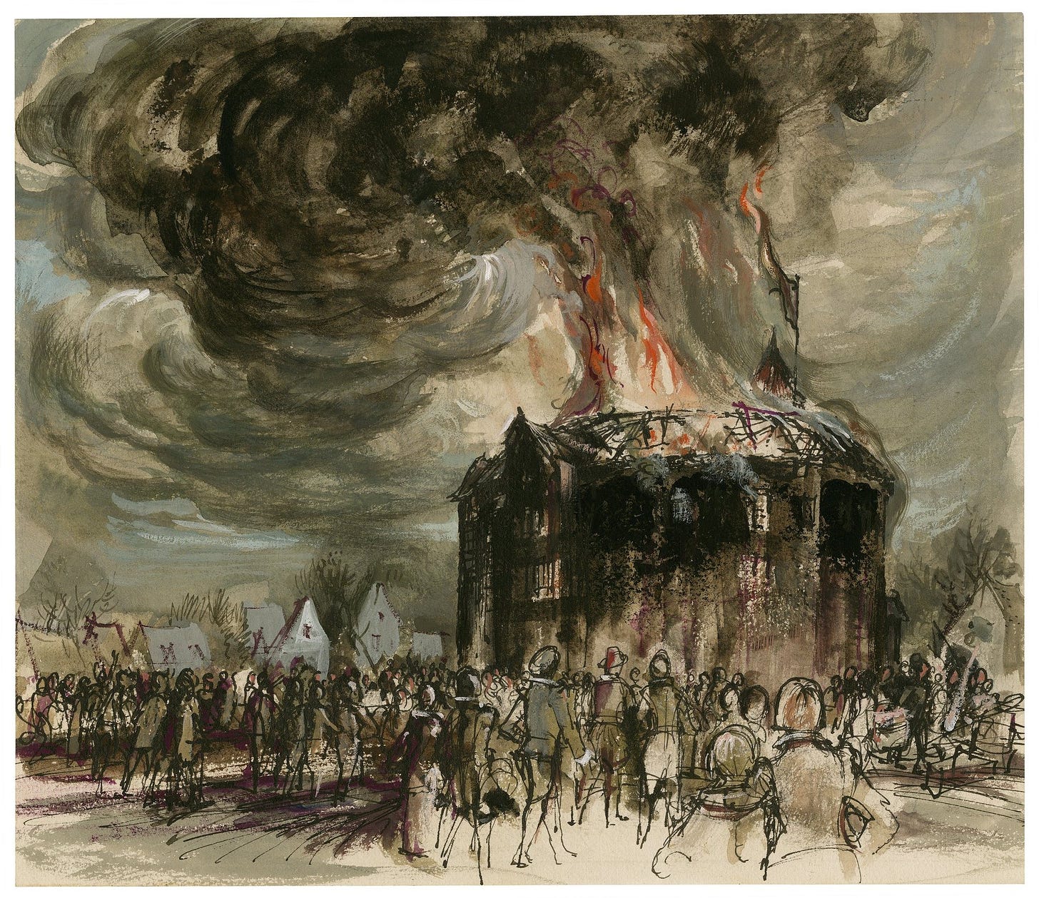 Watercolor illustration of the Globe burning by C. Walter Hodges.