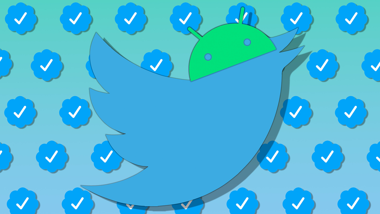 An android half-head logo sits on the head of the Twitter logo bird against a patterned background of Twitter Blue verified checkmarks