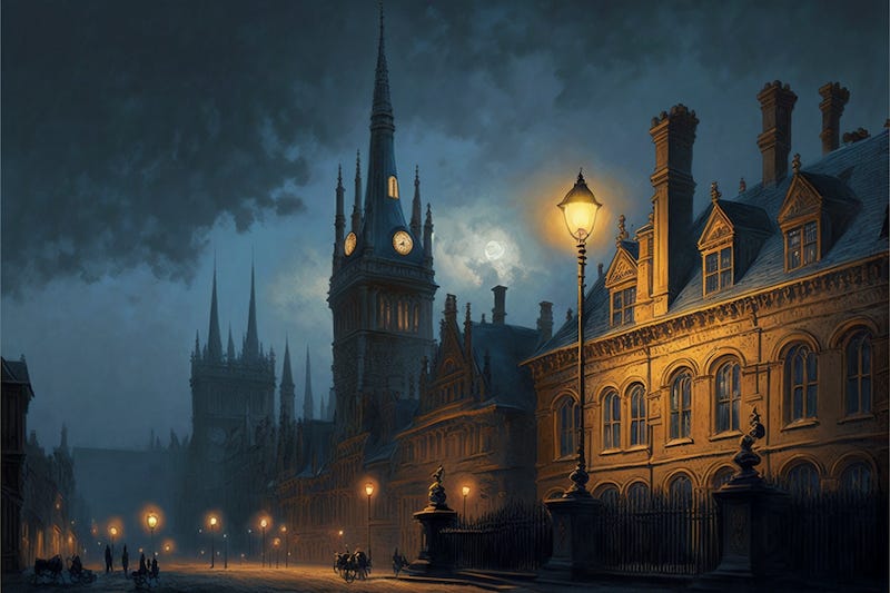 An image of Oxford lit by gaslight