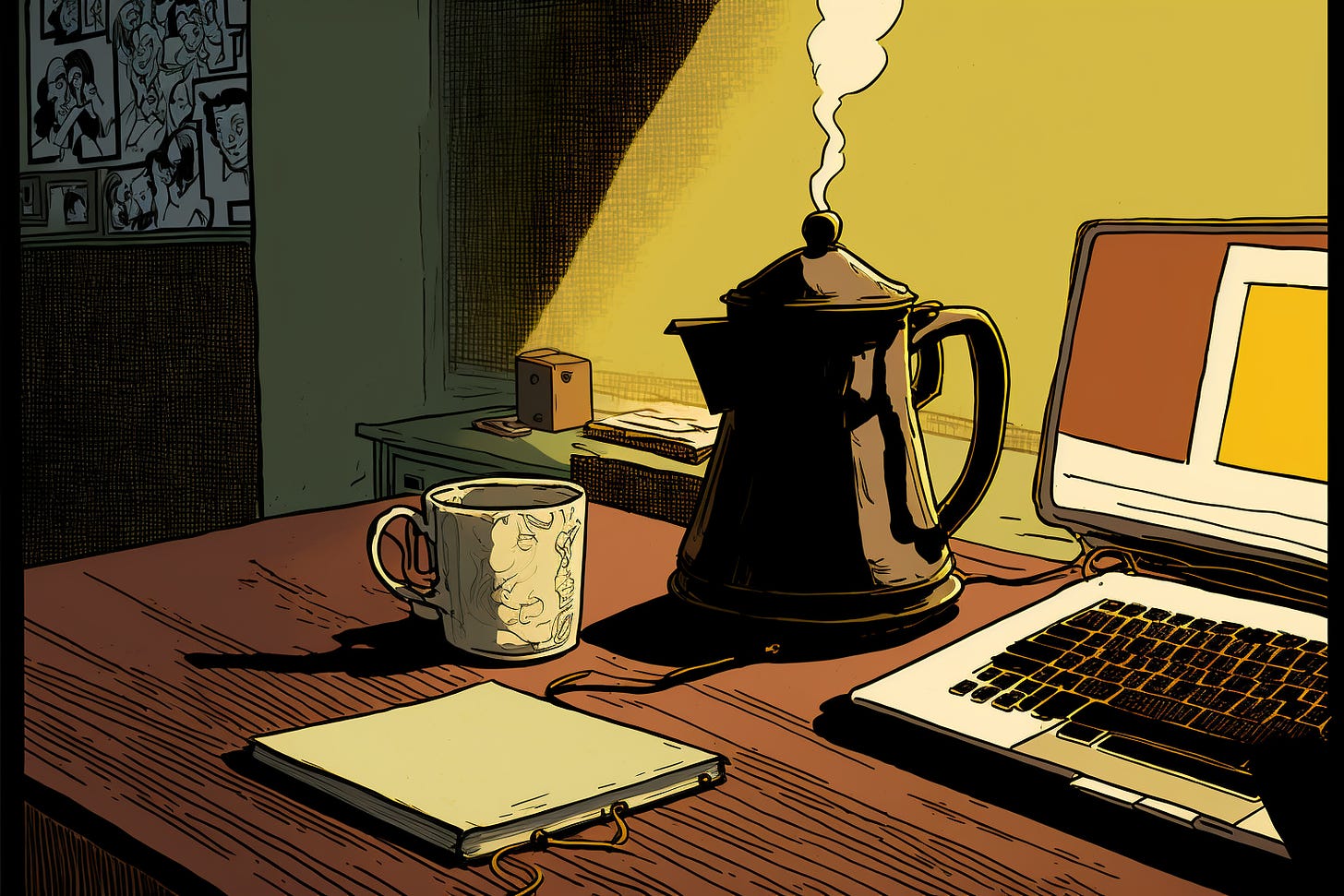 a laptop next to a coffee pot, graphic novel 