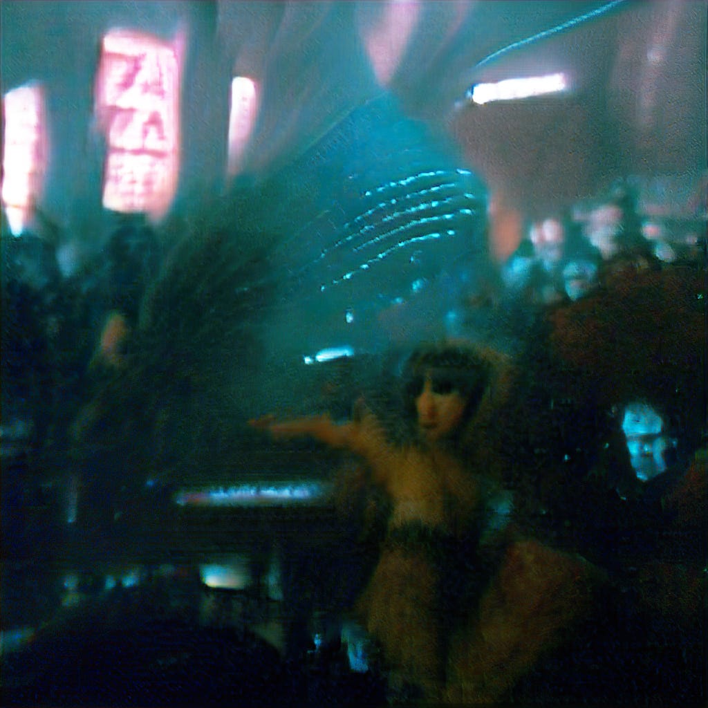 Prompt: ‘Zhora dances on a stage in a nightclub in Blade Runner’