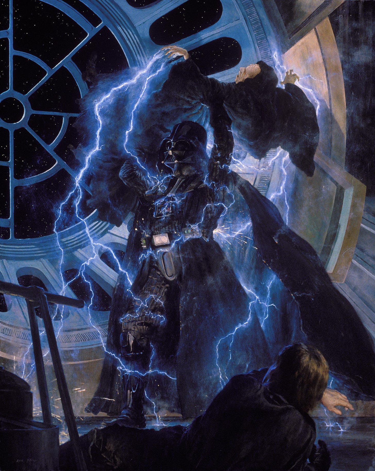 A circular window with a spiderweb like design shows the stars, serving as a background for the black clad armored figure of Darth Vader. He holds the ancient Emperor aloft, even as blue electricity leaps from his fingers and causes sparks across his mechanical body. The Jedi Knight Luke Skywalker lies near a railing with his back to the viewer, looking up at his father's heroic sacrifice.