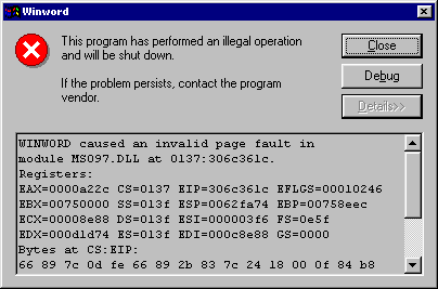 Error message in Winword with a lot of technical stuff.