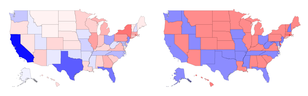 Two maps of the United States. The left one has California, Texas, Florida, and other large states colored darkly.