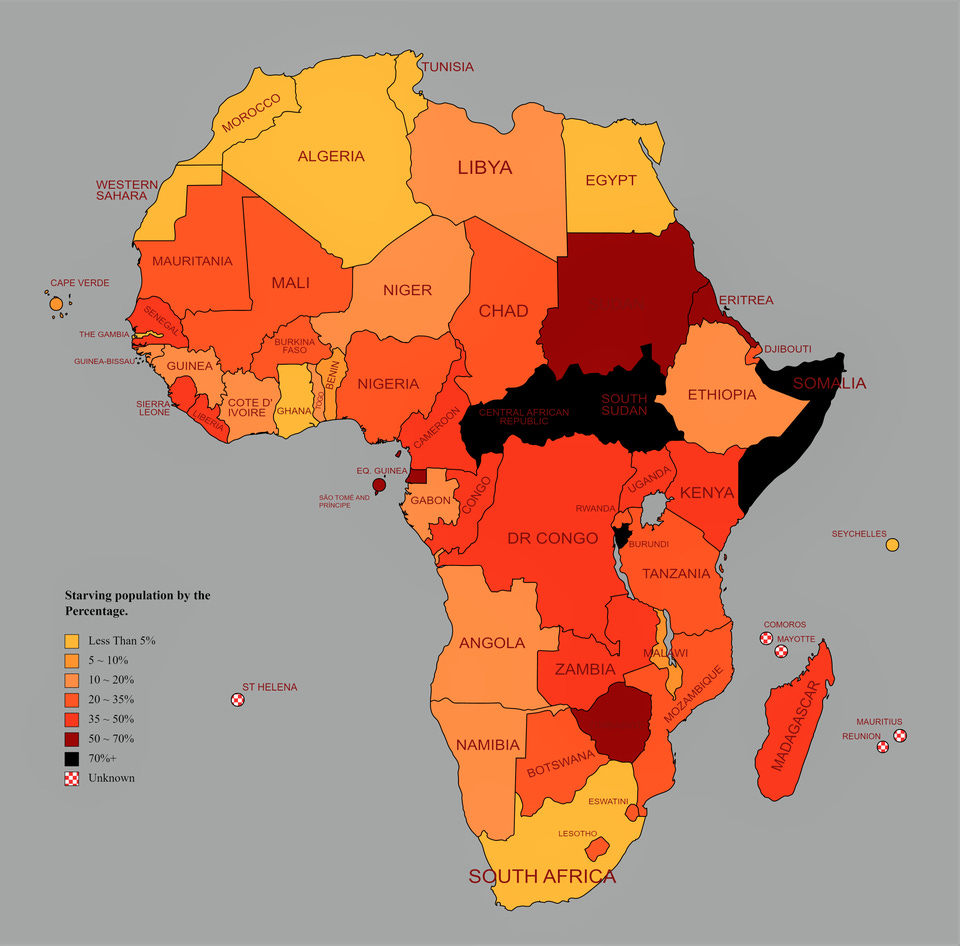 r/MapPorn - Africa's Starving population by Percentage