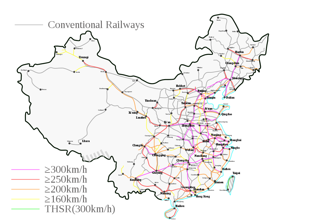 Map of the Chinese high-speed rail network, differentiated by the speed of service