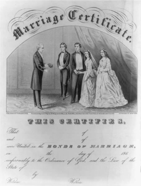 Marriage Certificate, Currier and Ives 1869