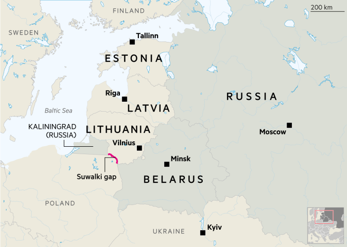 Map showing Latvia, Lithuania, Estonia, Belarus, Kaliningrad, Russia and the Suwalki gap G0354_22X