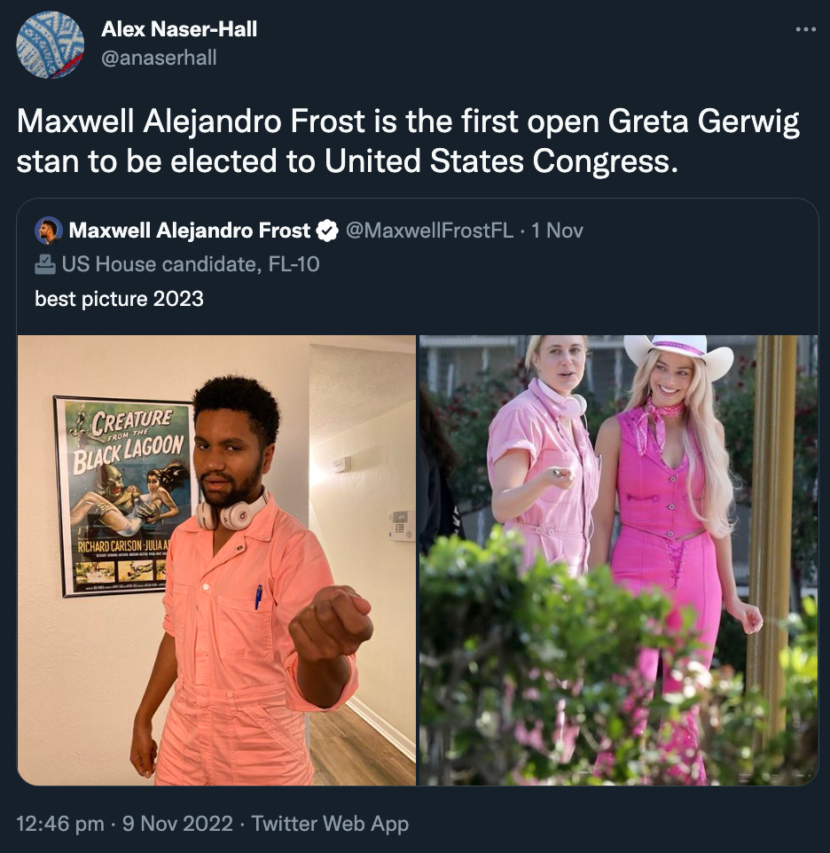 A quote tweet from Alex Naser-Hall of Frost in his Gerwig Halloween costume that says, "Maxwell Alejandro Frost is the first open Greta Gerwig stan to be elected to United States Congress."