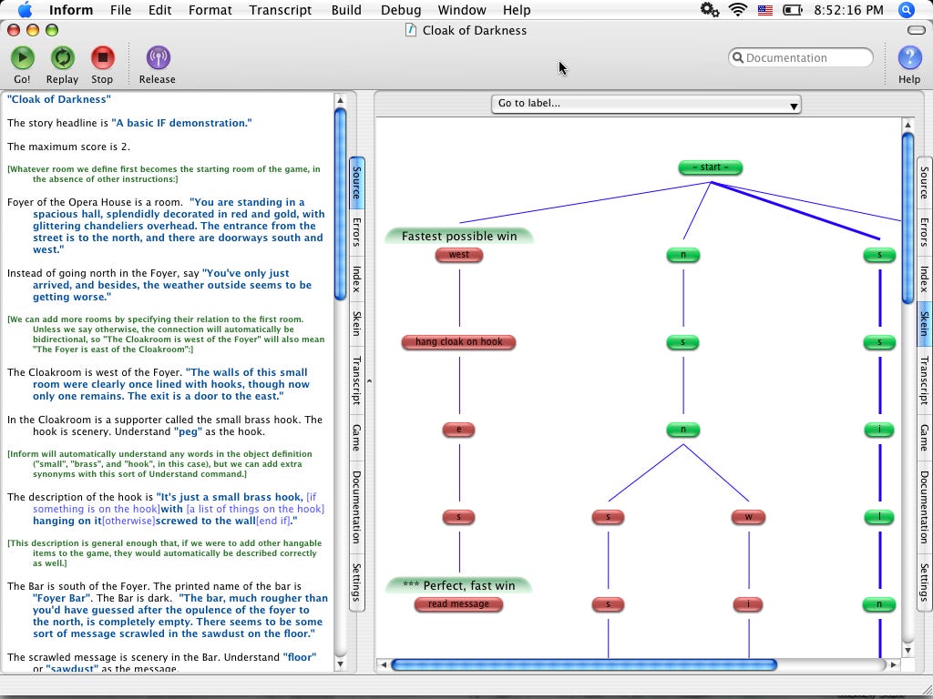 Screenshot of Inform application, showing source code in the left pane and a tree of branching commands on the right.