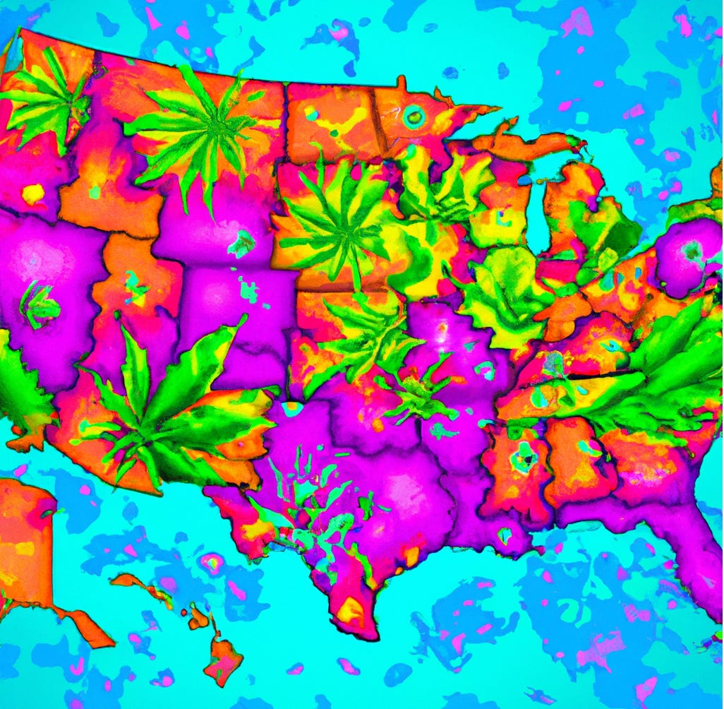 Brightly colored map of United States with cannabis plants emerging from some states. 