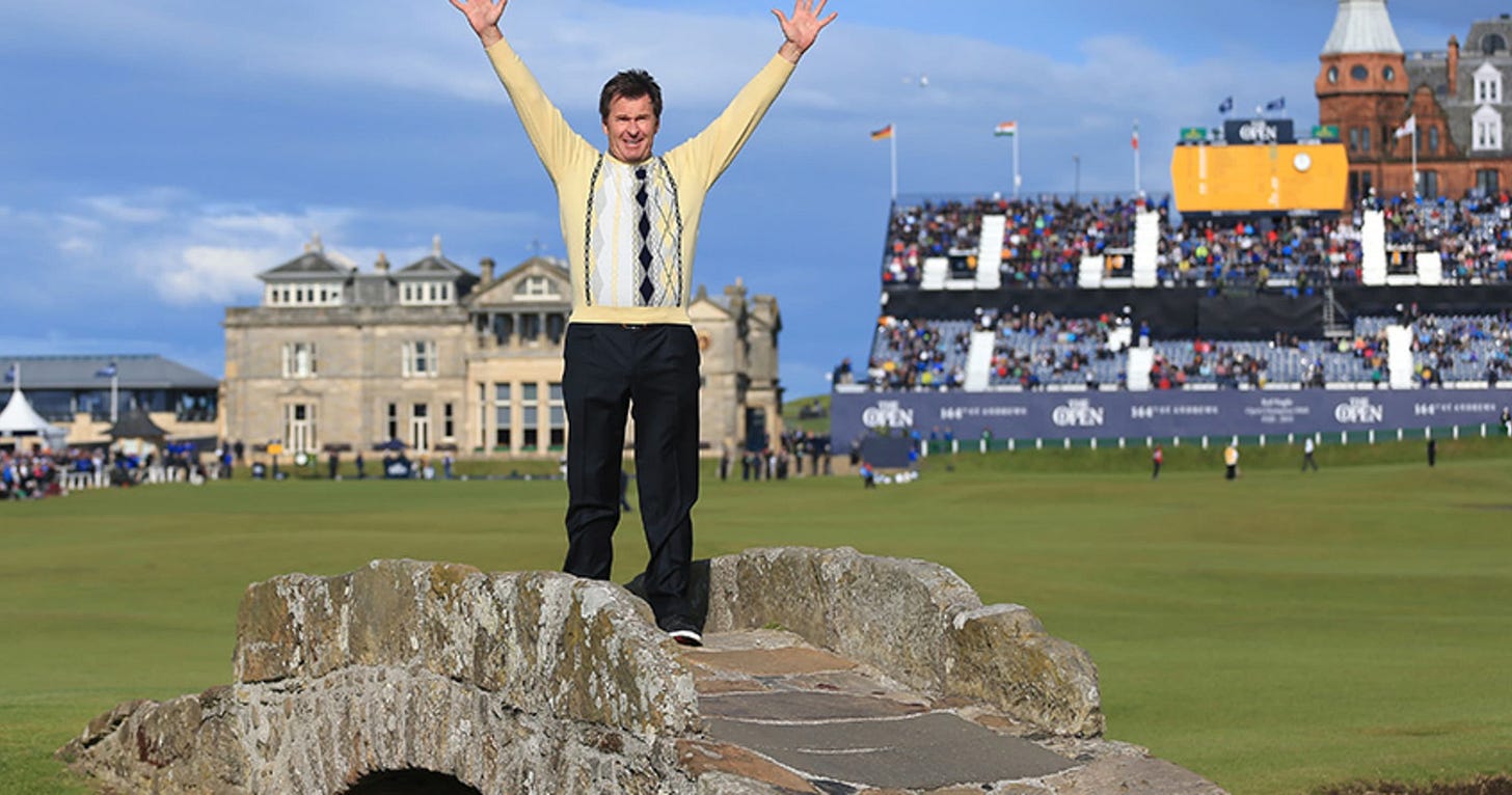 Nick Faldo shot 1-under 71 Friday at the Old Course at St. Andrews. (Matthew Lewis/Getty Images)