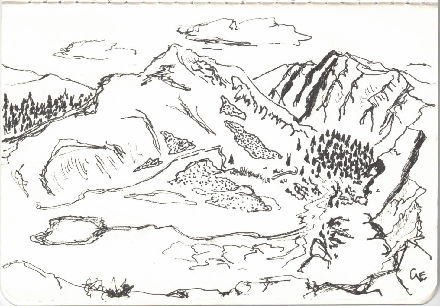 a pen drawing of Kelso Mountain