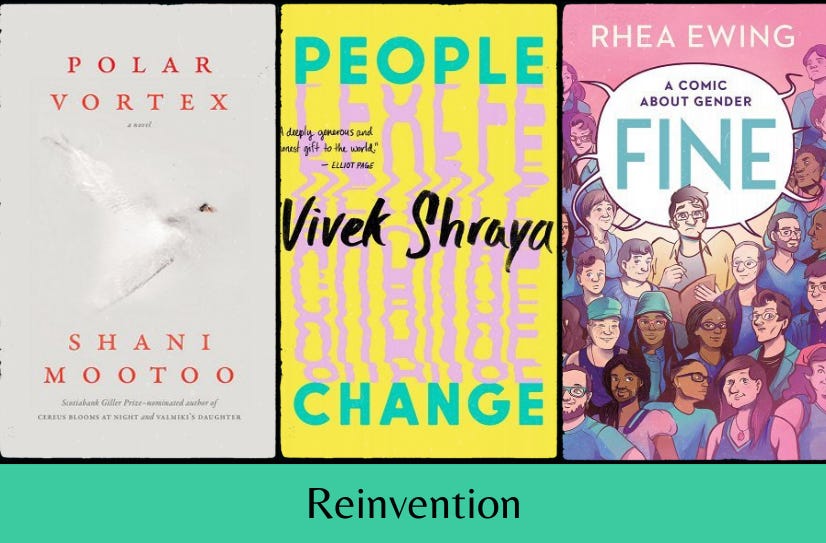 Three book covers in a row (Polar Vortex, People Change, and Fine) above the text ‘Reinvention’ on a teal background.